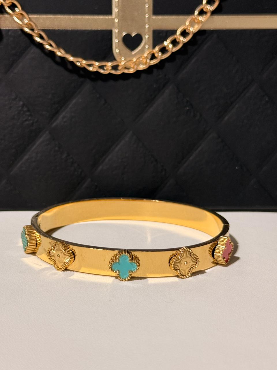 Pulsera Rigidas Dorados - Trebol Celeste/rosa  #2