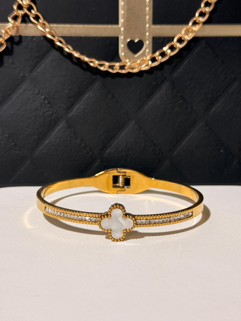 Pulsera Rigidas Dorados - Trebol blanco #14