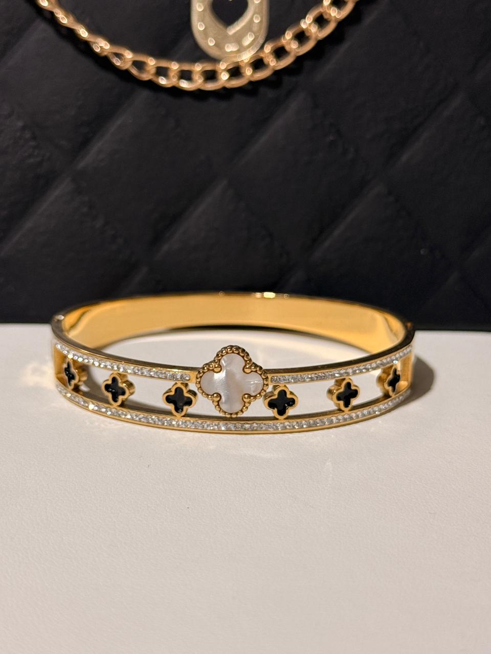Pulsera Rigidas Dorados - Trebol blanco #3