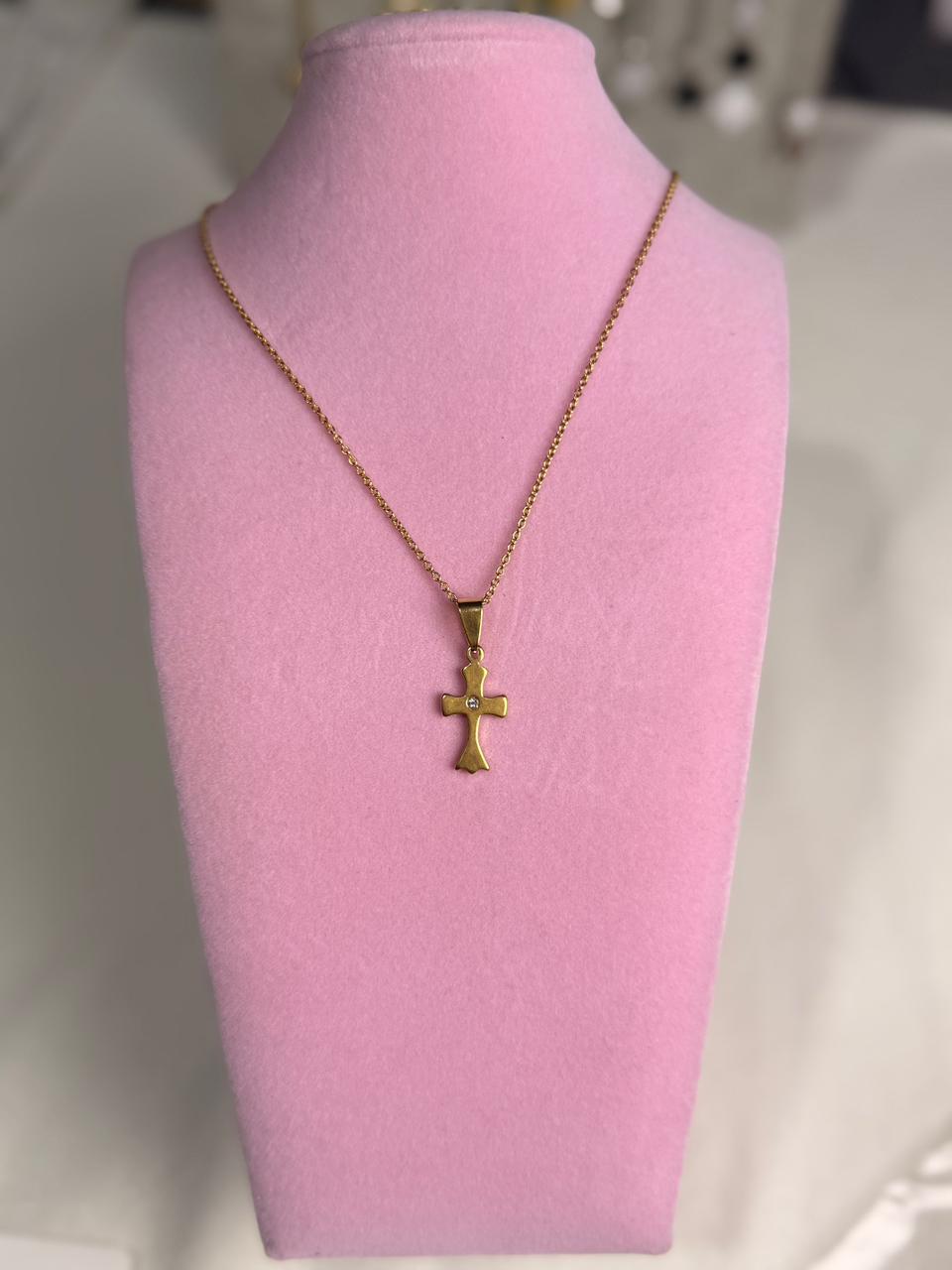 Collar - Cruz liso con diamante